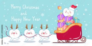Cartoon-Zähne, von denen drei als Rentiere verkleidet sind, ziehen einen roten Schlitten, der mit bunten Geschenken gefüllt ist. Ein Zahn mit einer Weihnachtsmannmütze winkt vom Schlitten aus. Der Text lautet Frohe Weihnachten und Frohes Neues Jahr auf einem verschneiten Hintergrund.